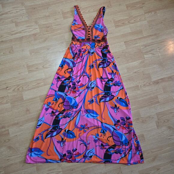 Hale Bob Vibrant Floral Maxi Dress S Cutout Back Boho Hippie Maximalist Sundress - Picture 6 of 10